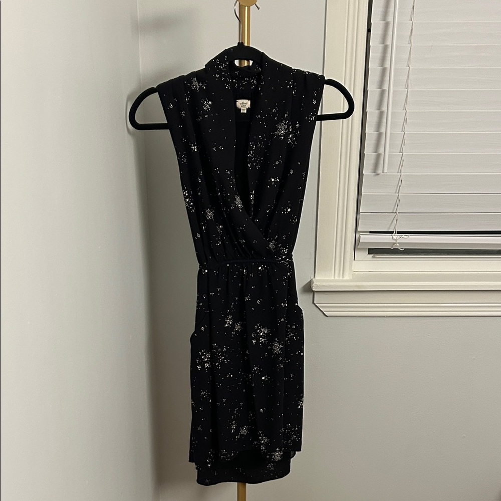 Aritzia Wilfred Sabine faux-wrap mini dress in black with a speckled print